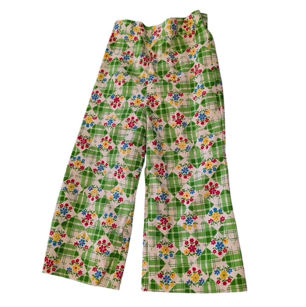 70s Vintage‎ Girls Floral Plaid Print Groovy Flare Pants Multi Color